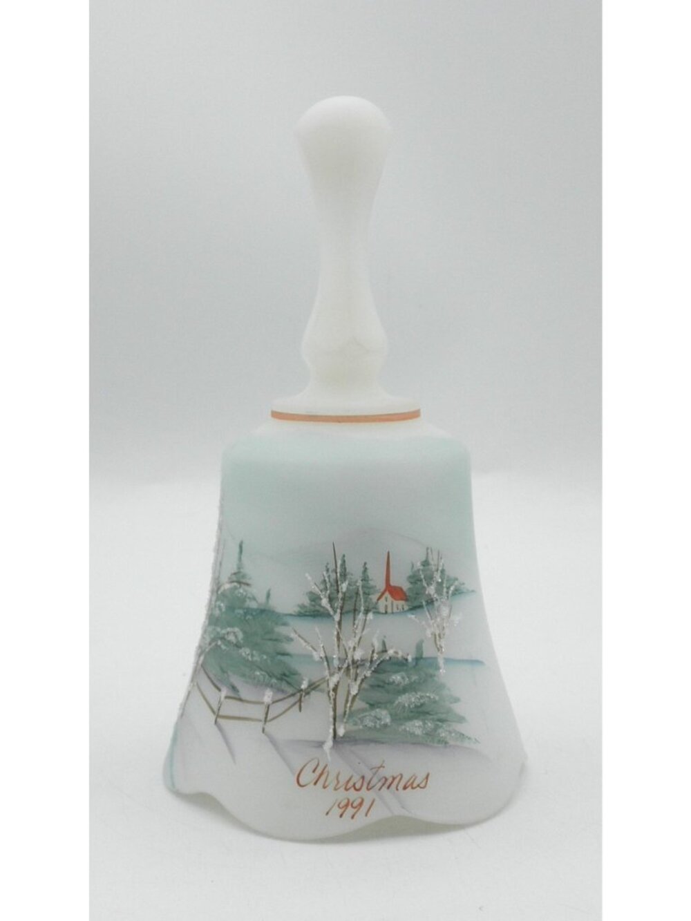 Fenton Hand Painted Christmas Bell 1991 Winter  Satin Glass Signed by S. Jackson